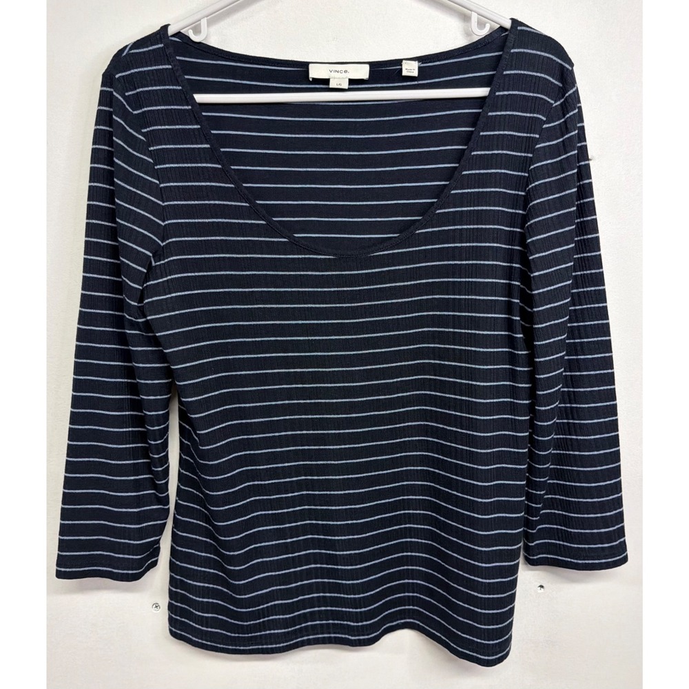 Vince Striped Ribbed-Knit Scoop Neck Top Navy-Blue Women's Large‎